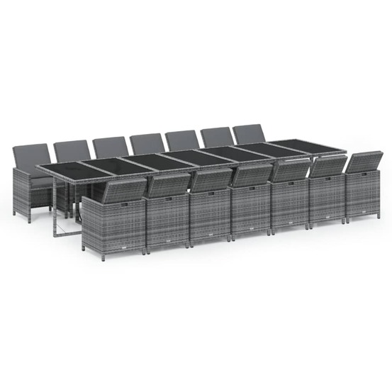 Ensemble à manger de jardin coussins 15 pcs résine tressée gris