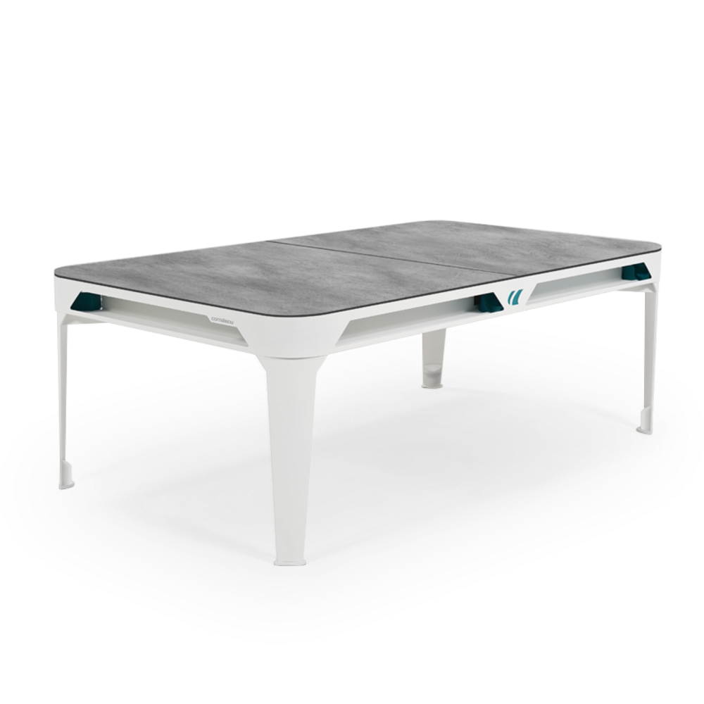 Billard d'extérieur convertible hyphen outdoor blanc / tapis gris clair / réceptacles : bleu d'eau / plateaux : décor minéral