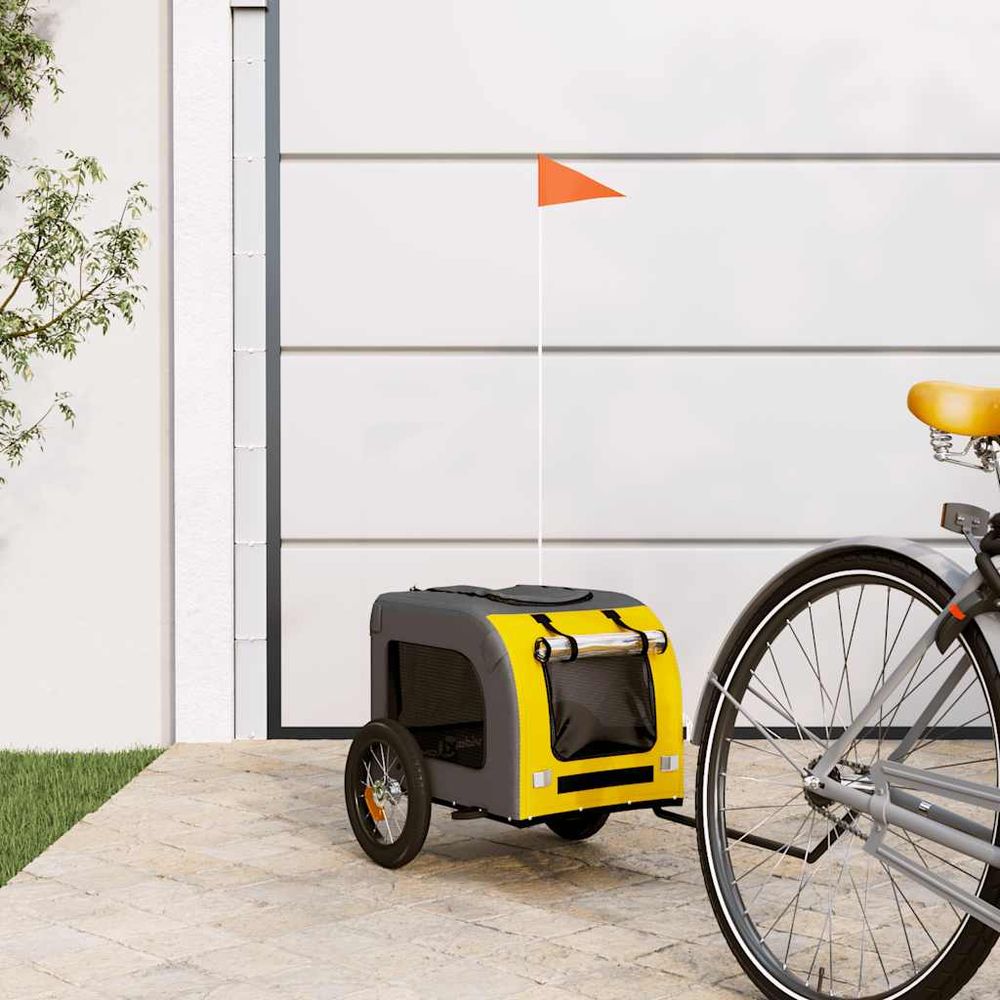 Remorque vélo pour chien en fer et tissu oxford pour transport sécurisé jaune et gris