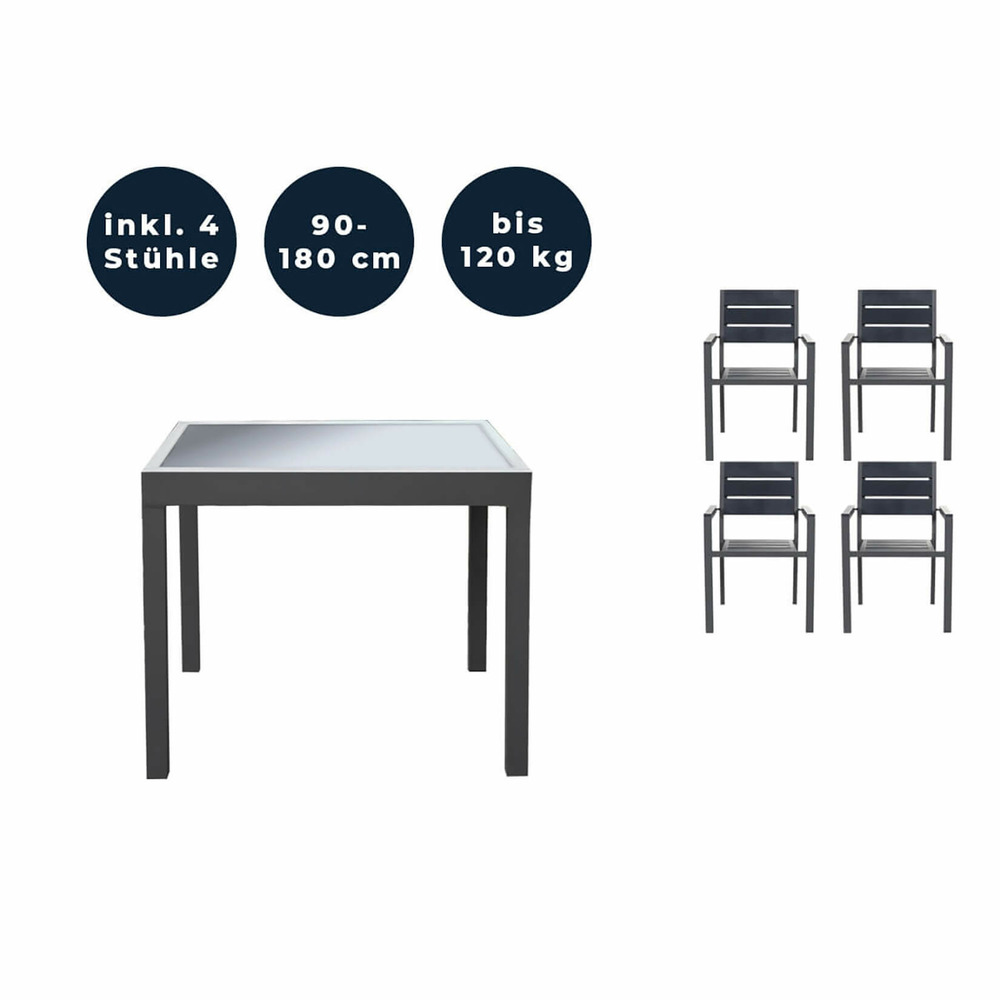 Home deluxe - table de jardin extensible - verano - env. 90 (180) x 90 x 75 cm - avec 4 chaises, structure en aluminium, plateau en