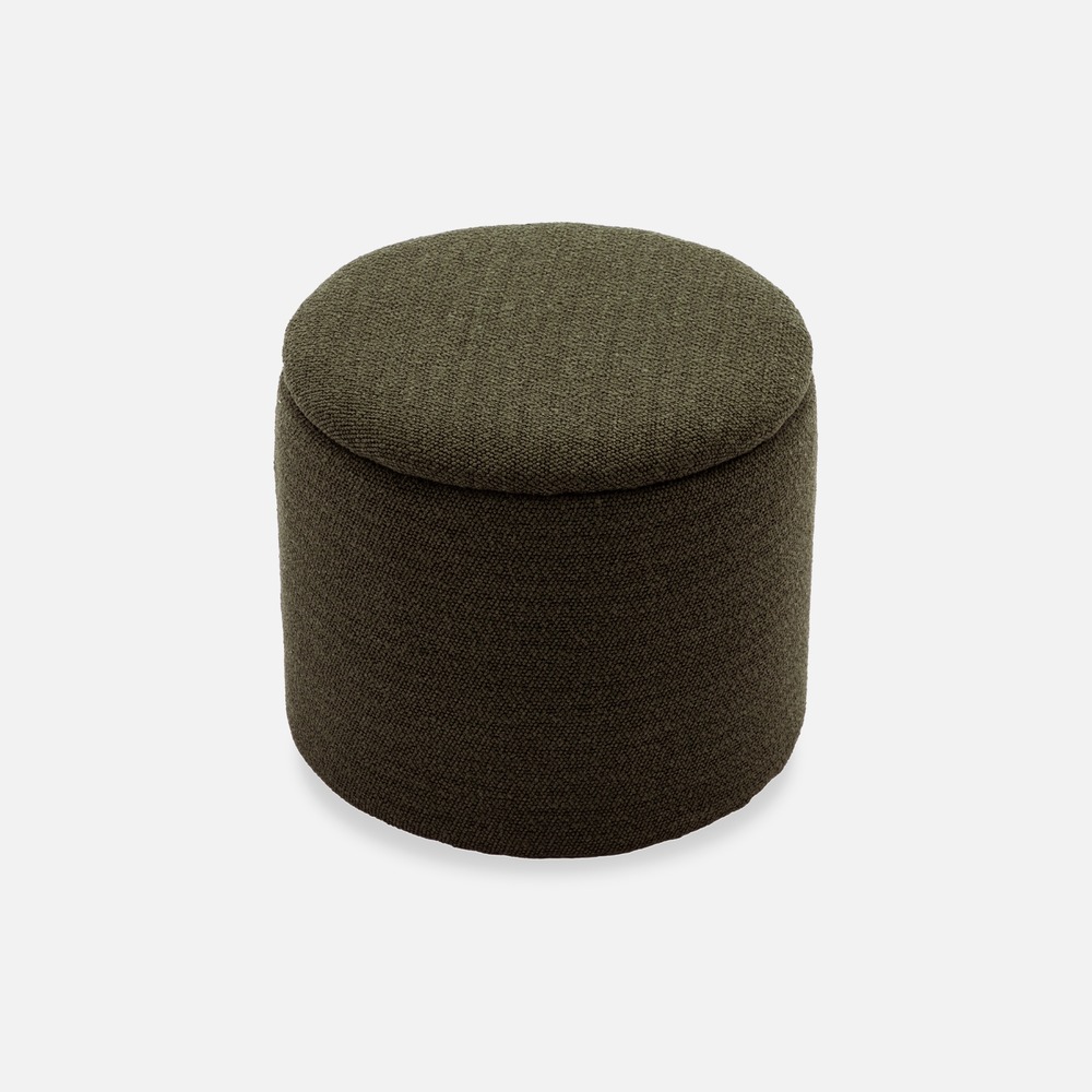 Pouf kaki foncé en tissu avec rangement pour coussins ou plaids