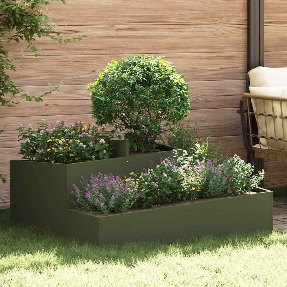 Carré potager acier design pour extérieur bac à fleurs grande capacité 100x100x50 cm vert olive