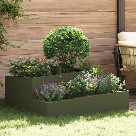 Carré potager acier design pour extérieur bac à fleurs grande capacité 100x100x50 cm vert olive