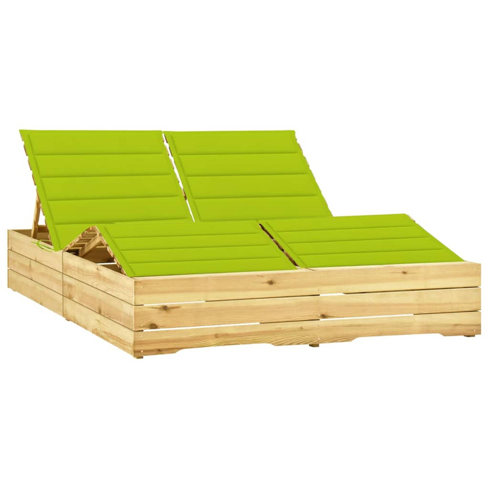 Chaise longue double et coussins vert vif bois de pin imprégné bain de soleil