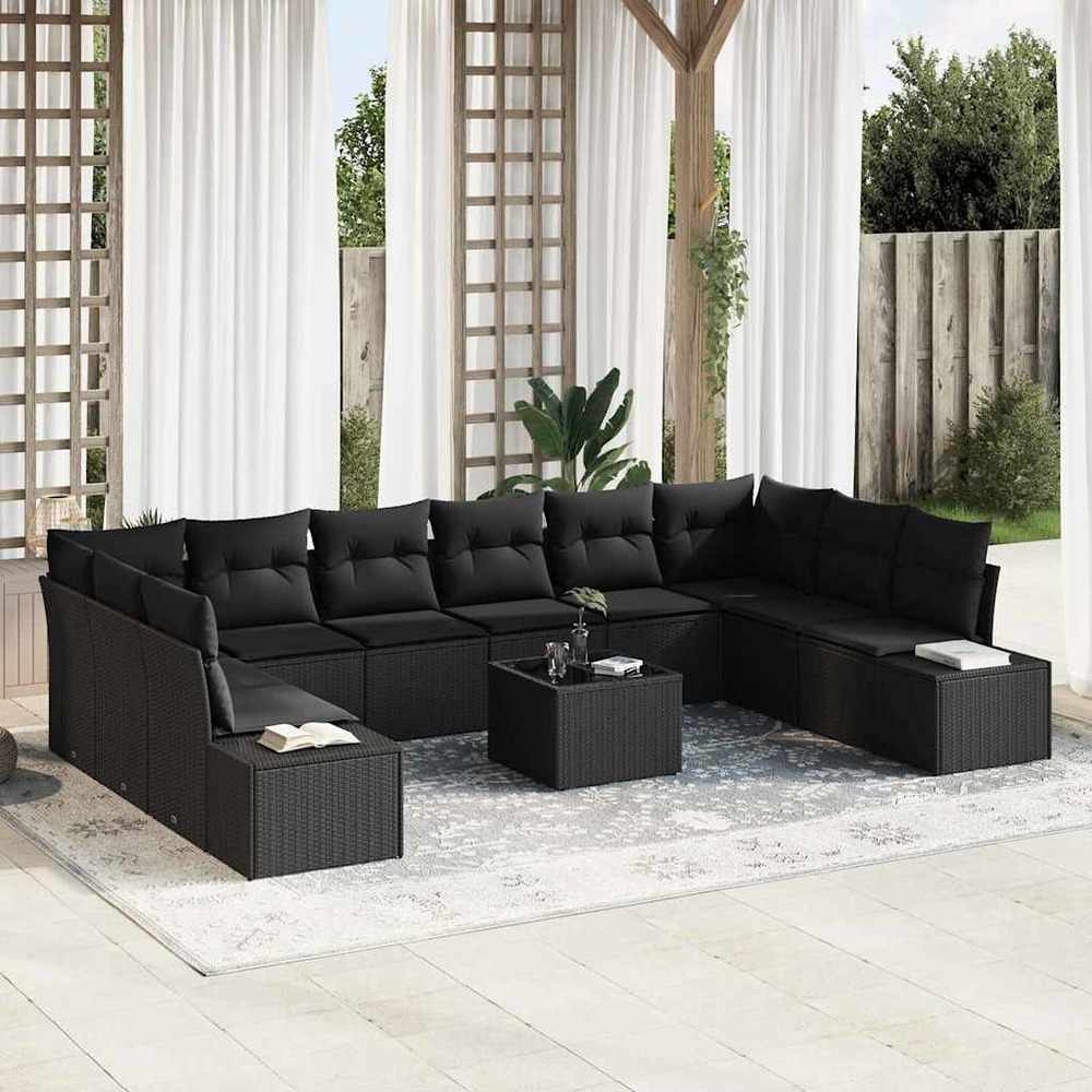 Ensemble de canapé de jardin avec coussin 11 pcs noir polyrotin