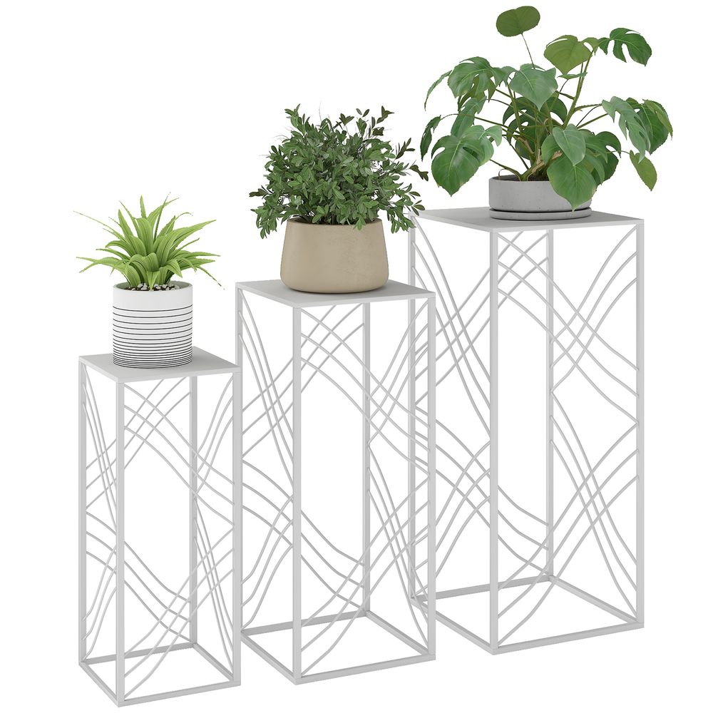 Lot de 3 supports plantes métal intérieur extérieur gigognes empilables 30x70 cm blanc - comfortxl outdoor living
