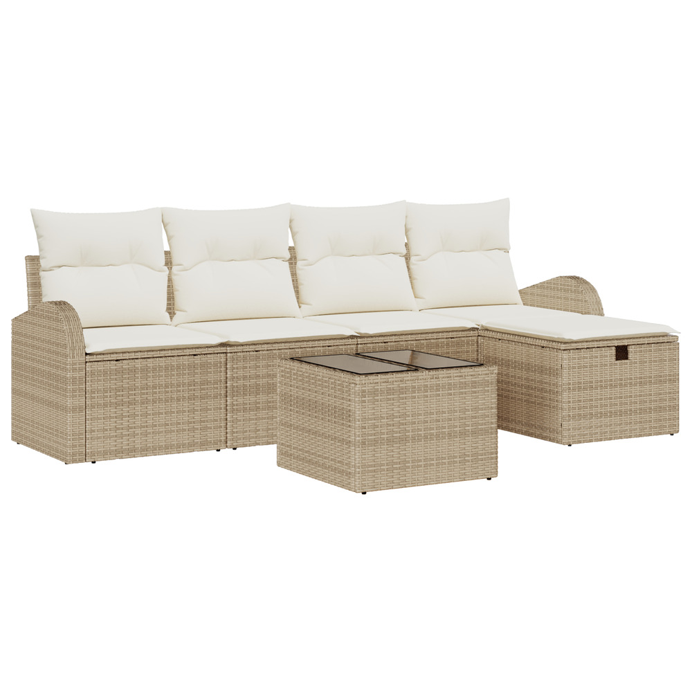 Ensemble de canapé de jardin 6 pièces avec coussins beige en poly rattan