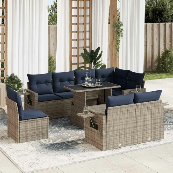 Salon de jardin avec coussins 9pcs gris résine tressée