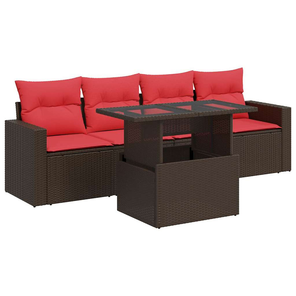 Salon de jardin avec coussins 5pcs marron résine tressée acacia