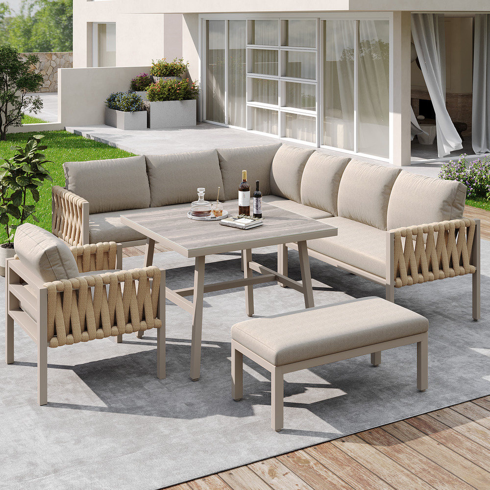 Ensemble canapé d'angle jardin corde tressée, acier galvanisé, pieds réglables, table verre, coussins inclus, beige