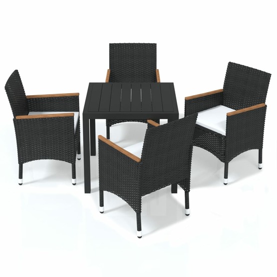 Ensemble à dîner de jardin avec coussins 5 pcs poly rotin noir