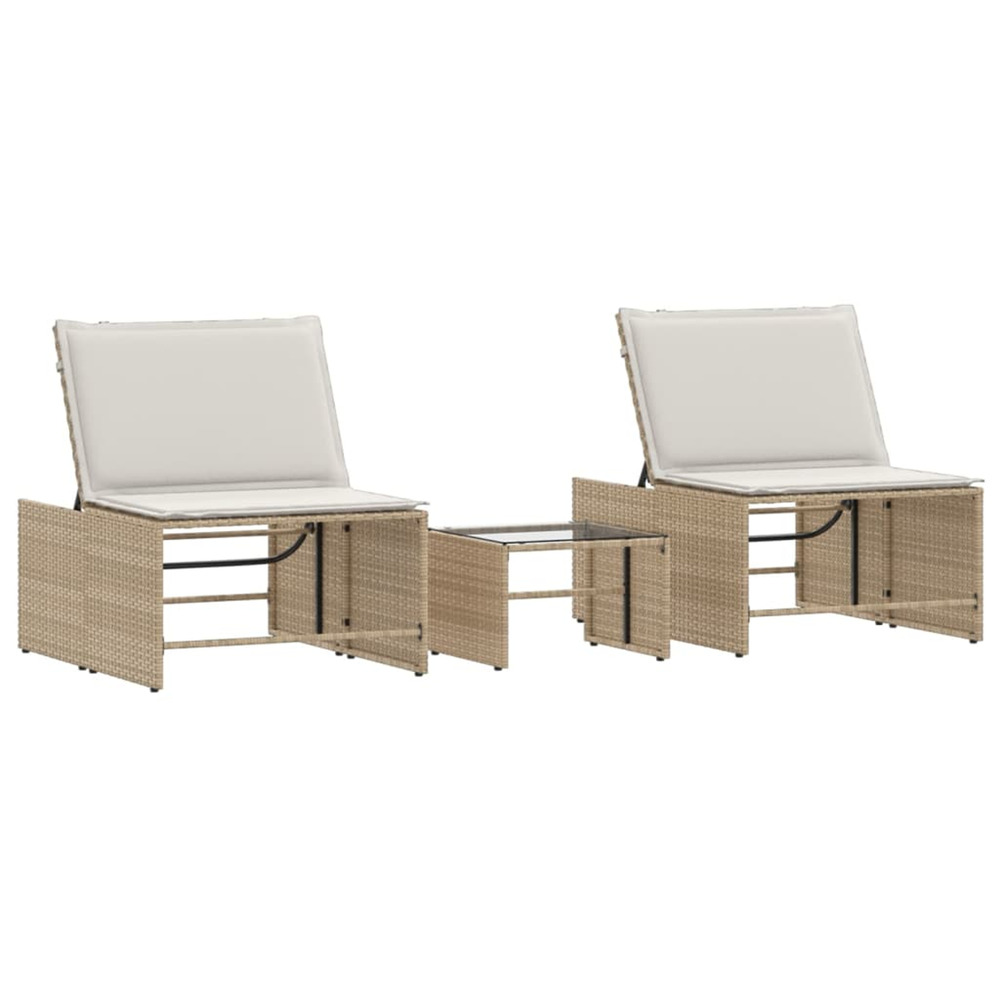 Chaises longues 2 pièces avec table en résine tressée beige