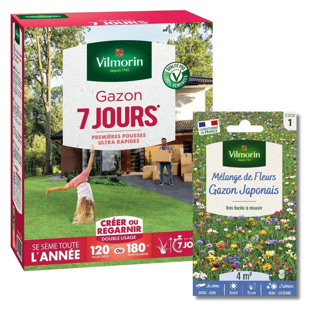 Gazon 7 jours - 3 kg + gazon japonais - 4 m² - mélange de fleurs