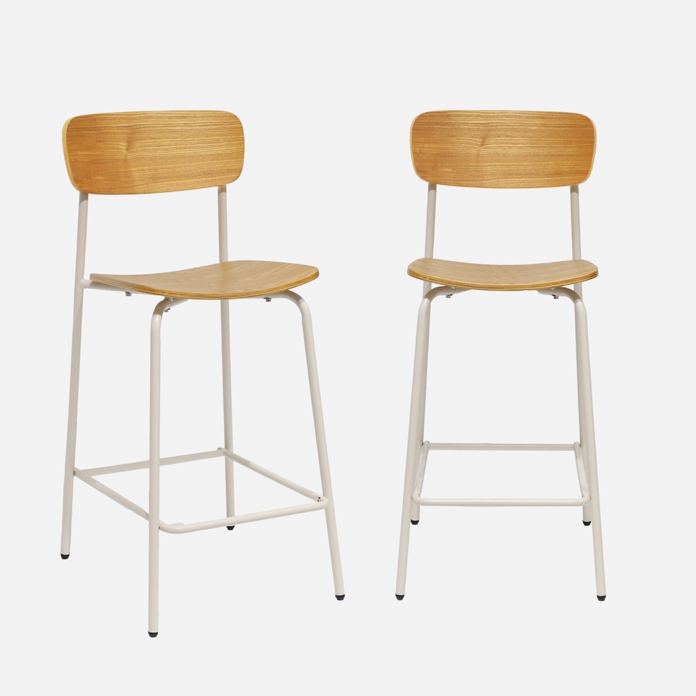 Lot de 2 tabourets de bar vintage contreplaqué avec placage bois et pieds métal l 42.5 x p 50 x h 94cm - toby