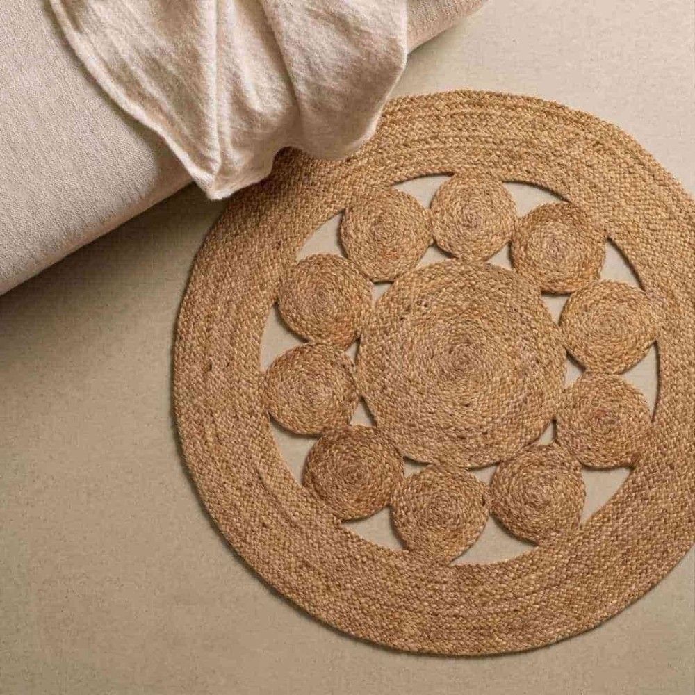 Tapis en jute rond forme fleur 80cm