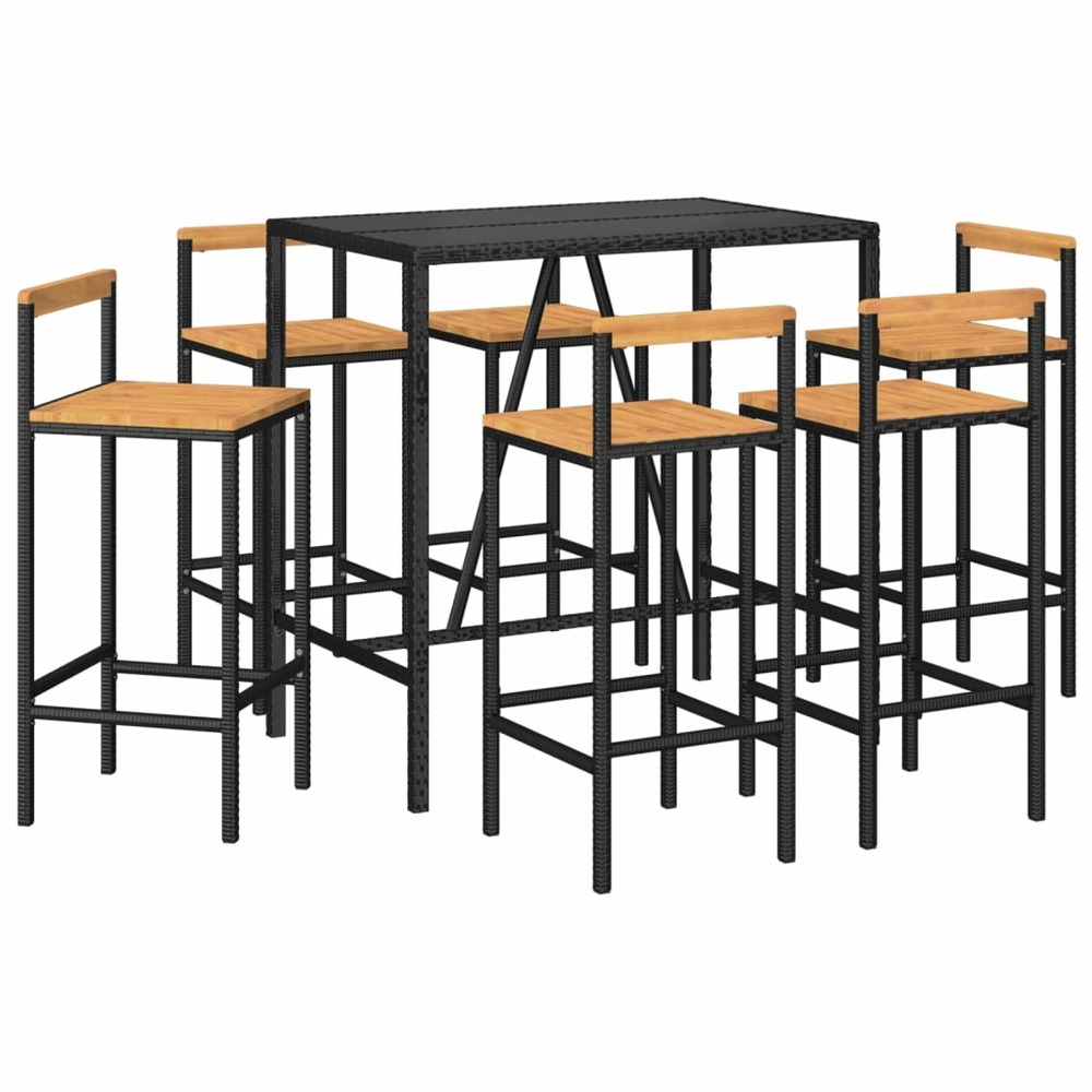 Ensemble de bar de jardin meuble extérieur terrasse 7 pièces noir poly rotin/bois massif acacia