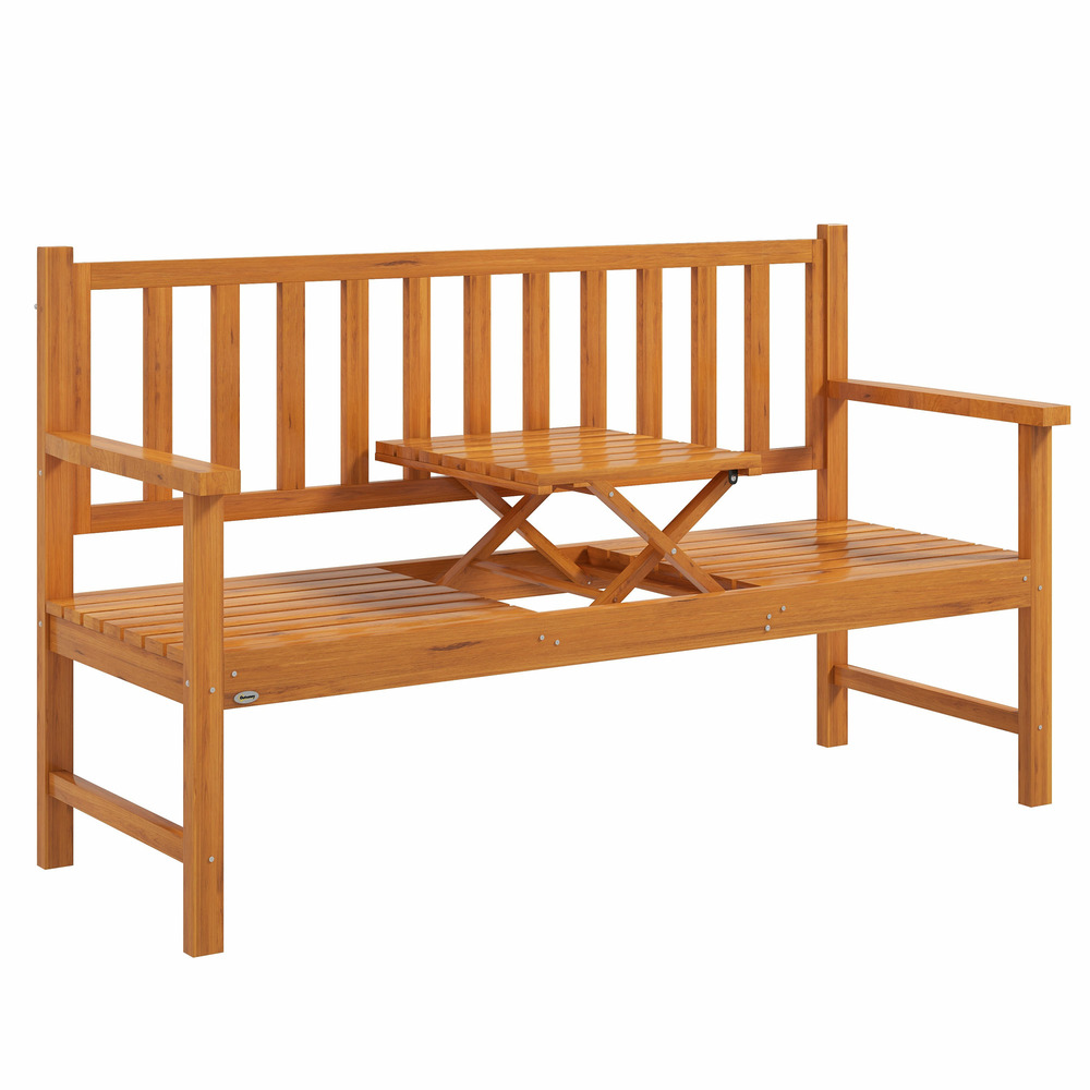 Banc de jardin en bois massif avec table escamotable, résistant aux intempéries, 153 x 56 x 91 cm, marron clair