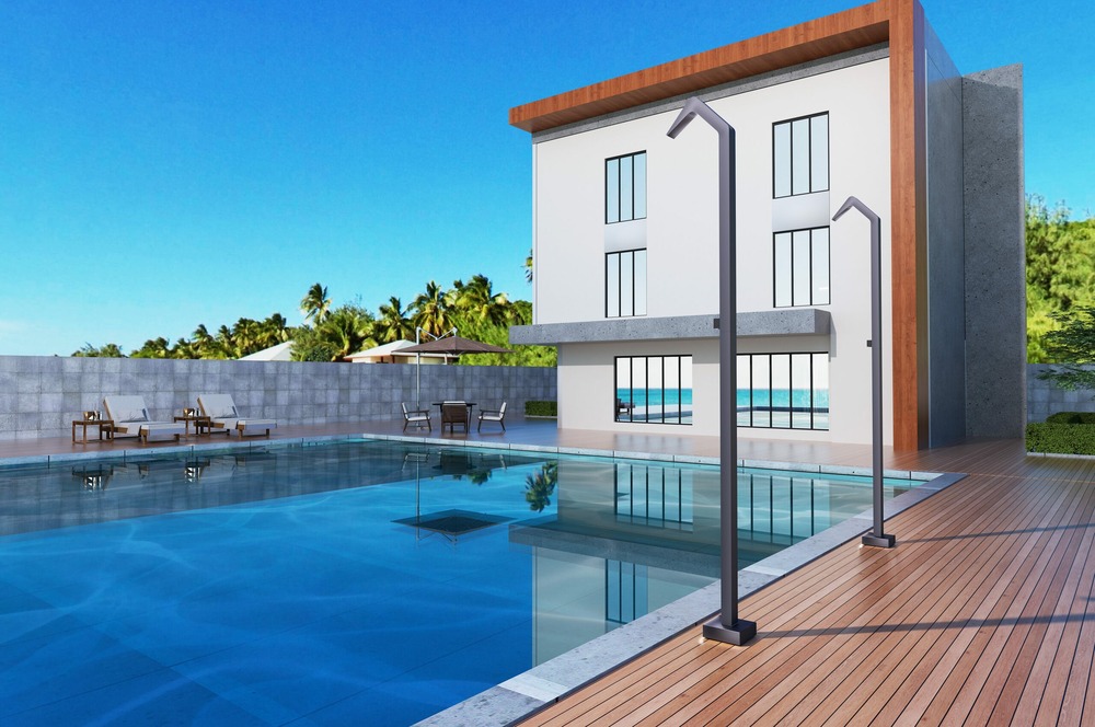 Douche de piscine en acier 316 argente avec diffuseur cascade et robinet 2 voies