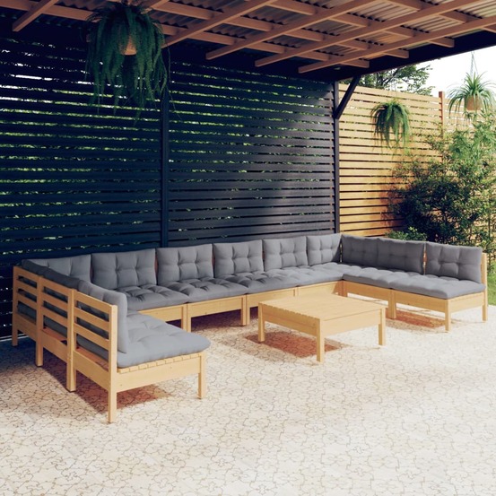 Salon de jardin 11 pcs avec coussins gris bois de pin solide