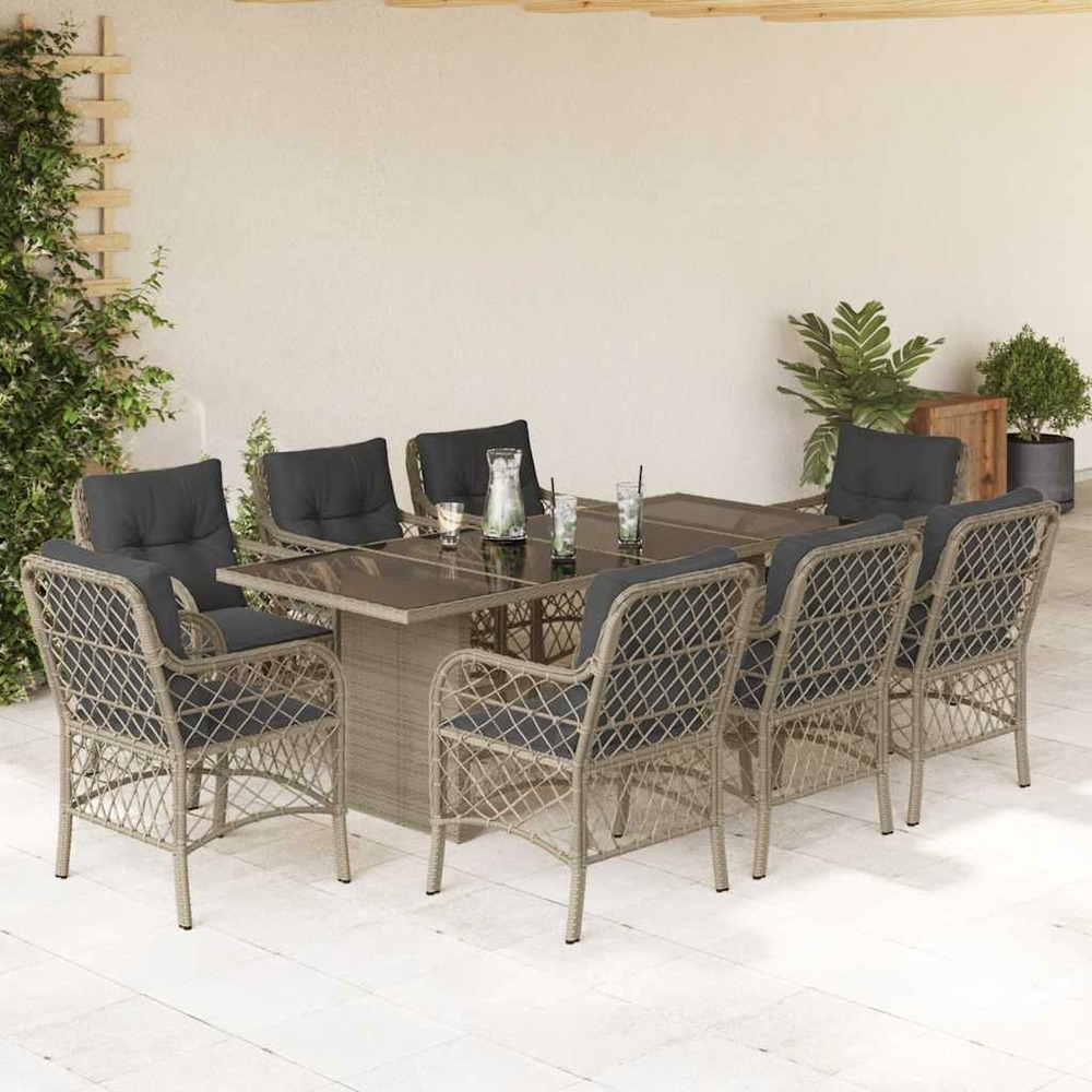 Ensemble à manger de jardin et coussins 9 pcs gris clair rotin