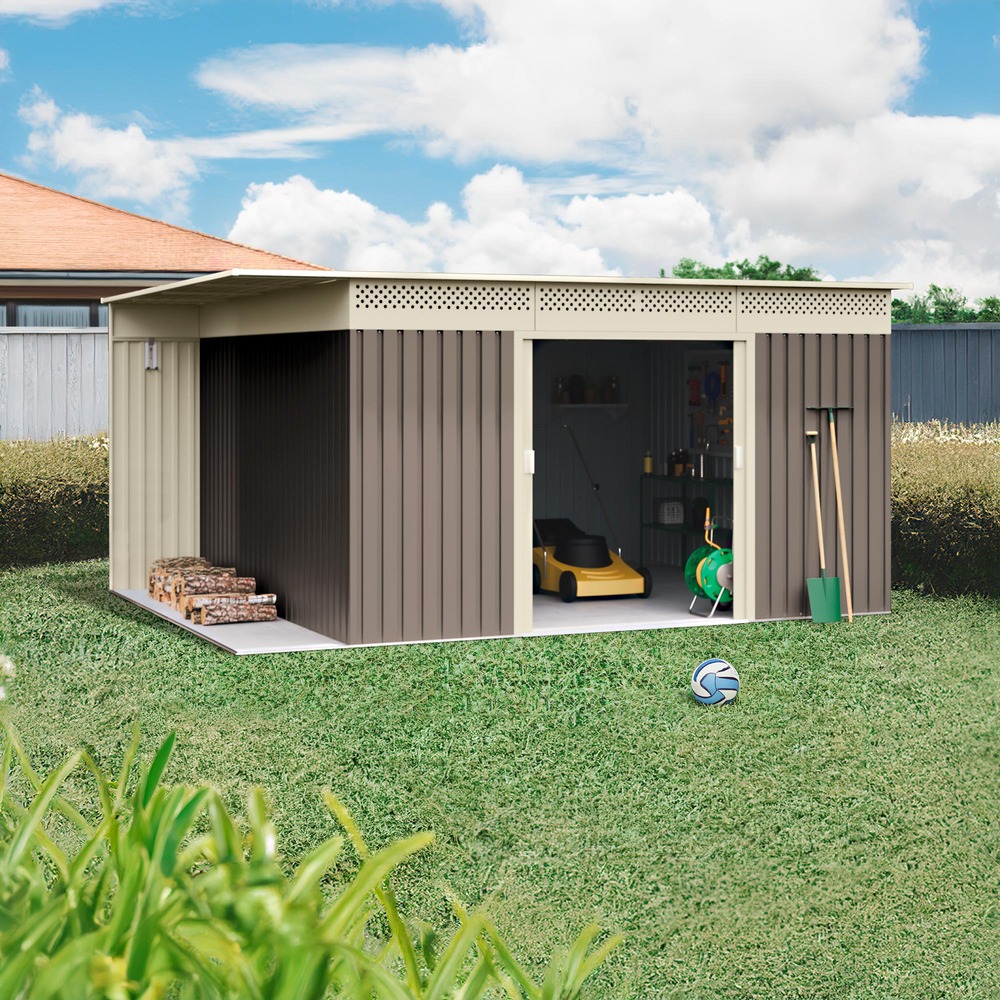 Wasabi - abri de jardin métal 13,22m² coffee – avec bûcher, porte