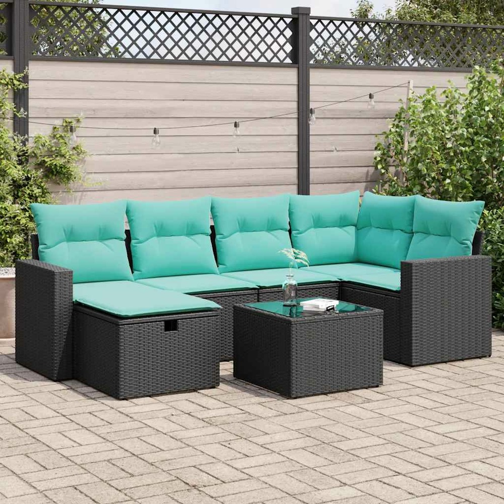 Salon de jardin 7 pcs avec coussins noir résine tressée