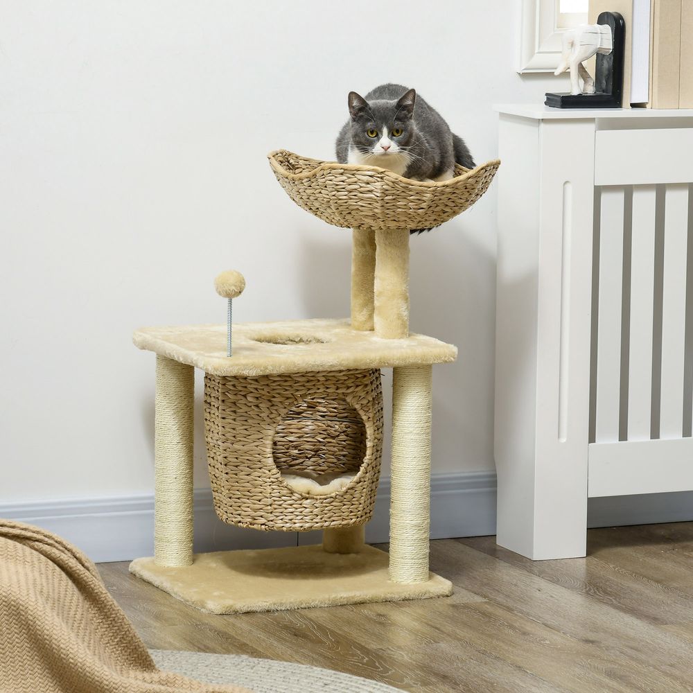 Chat arbre griffoir sisal niche panier pompon peluche 45x40x74cm beige