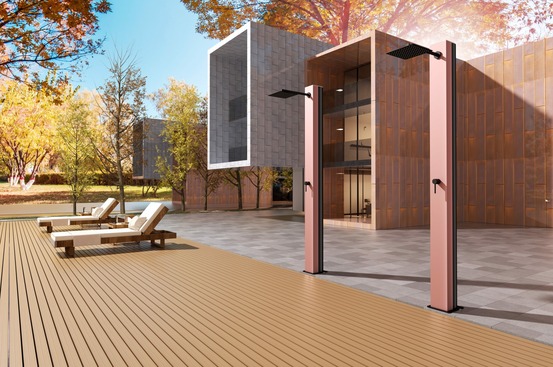 Douche piscine en acier 316 couleur rose corail et noir mat design elegant