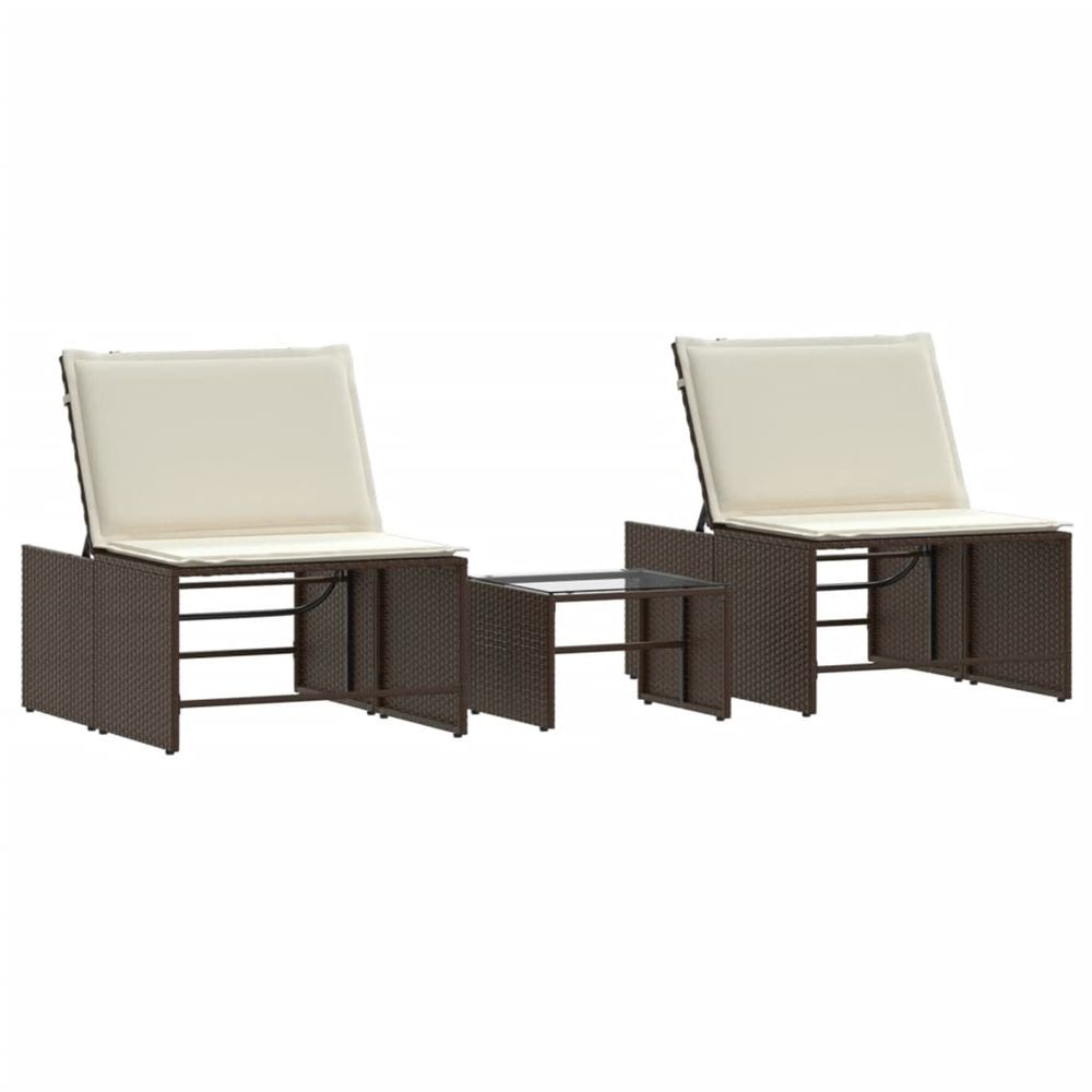 Chaises longues 2 pièces avec table en résine tressée marron