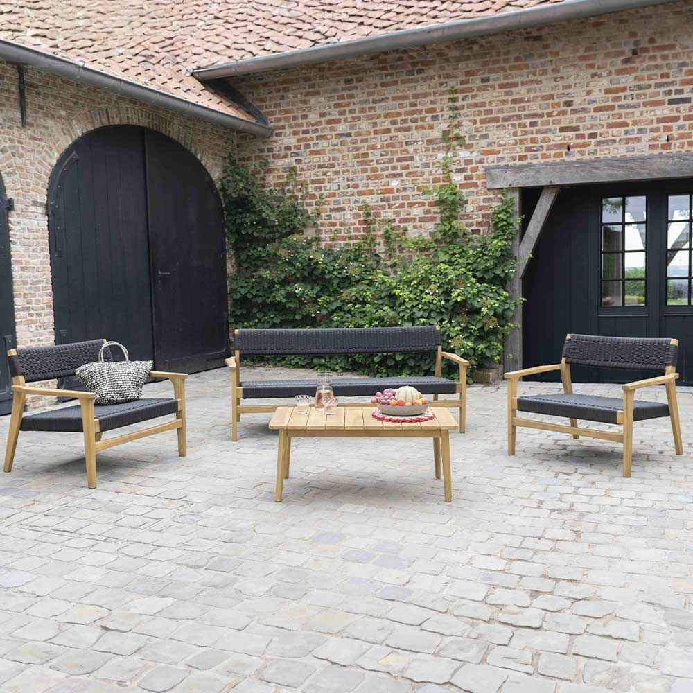 Banc de jardin en teck massif et cordage 165cm noir manille