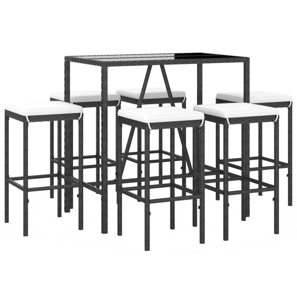 Ensemble de bar de jardin 7 pièces avec coussins noir poly rotin