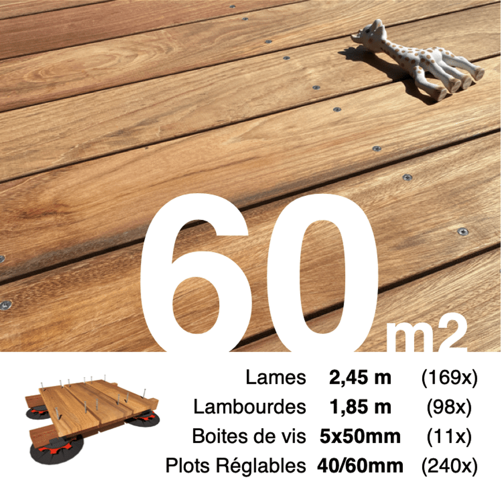 Kit complet terrasse bois exotique jatoba pour 60 m², lames 2,45 m, lambourdes 1,85 m, plots réglables et visserie inox.