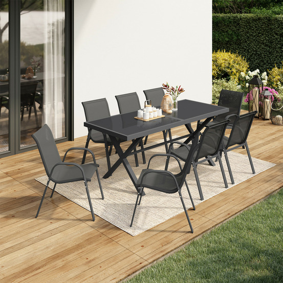 Salon de jardin santorin table 190 cm pieds en croix et 8 chaises empilables gris anthracite