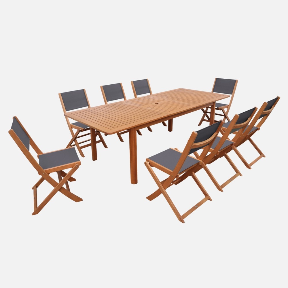 Table de jardin extensible bois d'eucalyptus + 8 assises 180/240cm - arbo + almeria