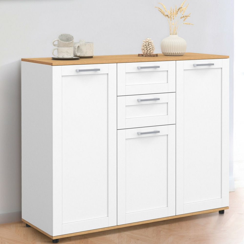 Buffet 100 cm vito 3 portes et 2 tiroirs blanc et plateau bois