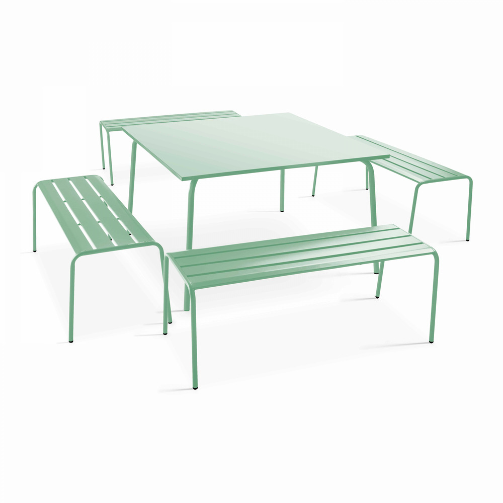 Ensemble table de jardin carrée et 4 bancs en métal vert sauge
