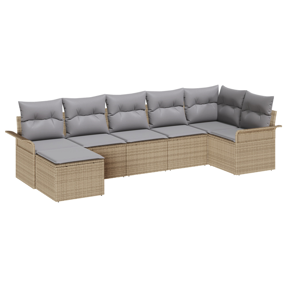 Ensemble de canapé de jardin 7 pièces avec coussins beige poly rattan