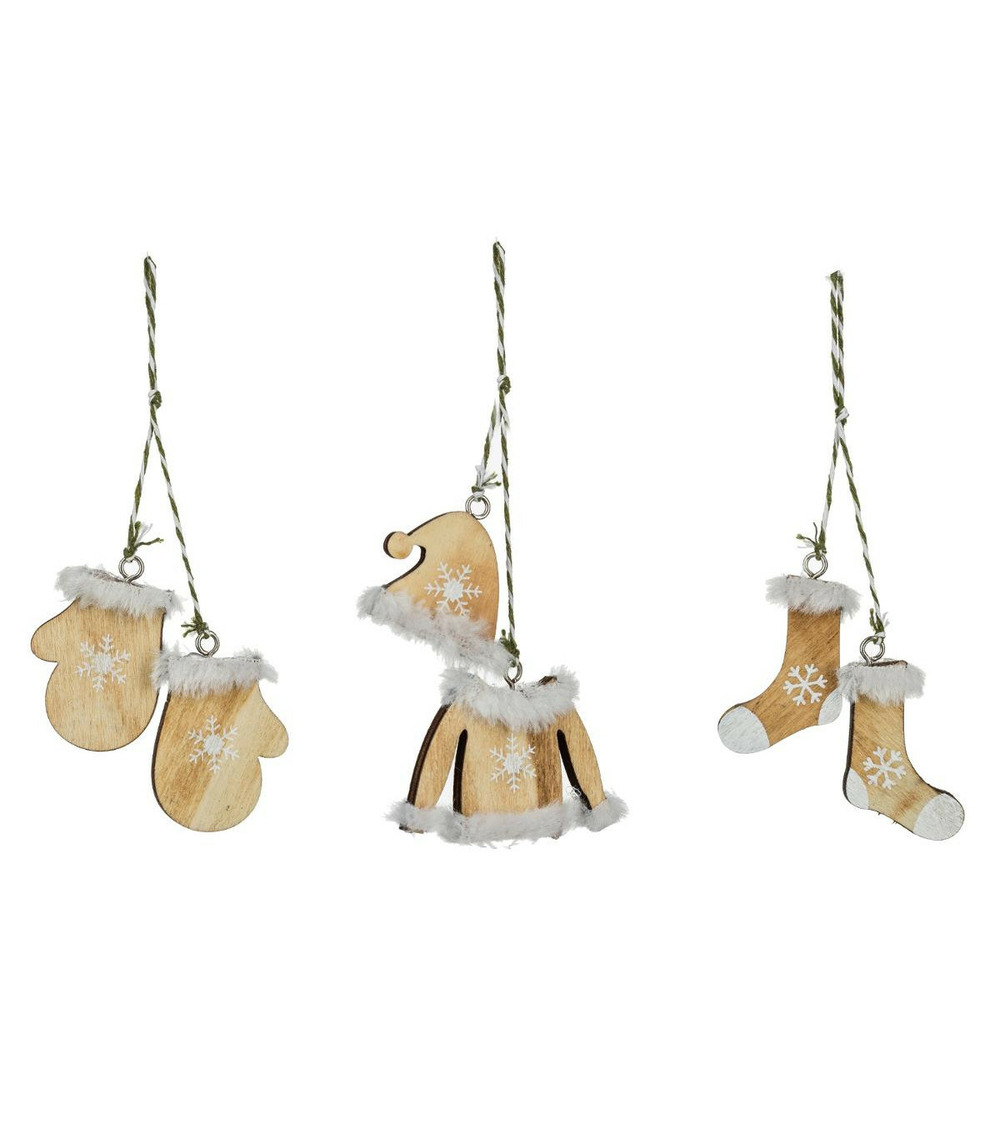 Déco de sapin lot de 3 formes en bois naturel avec fourrure blanche