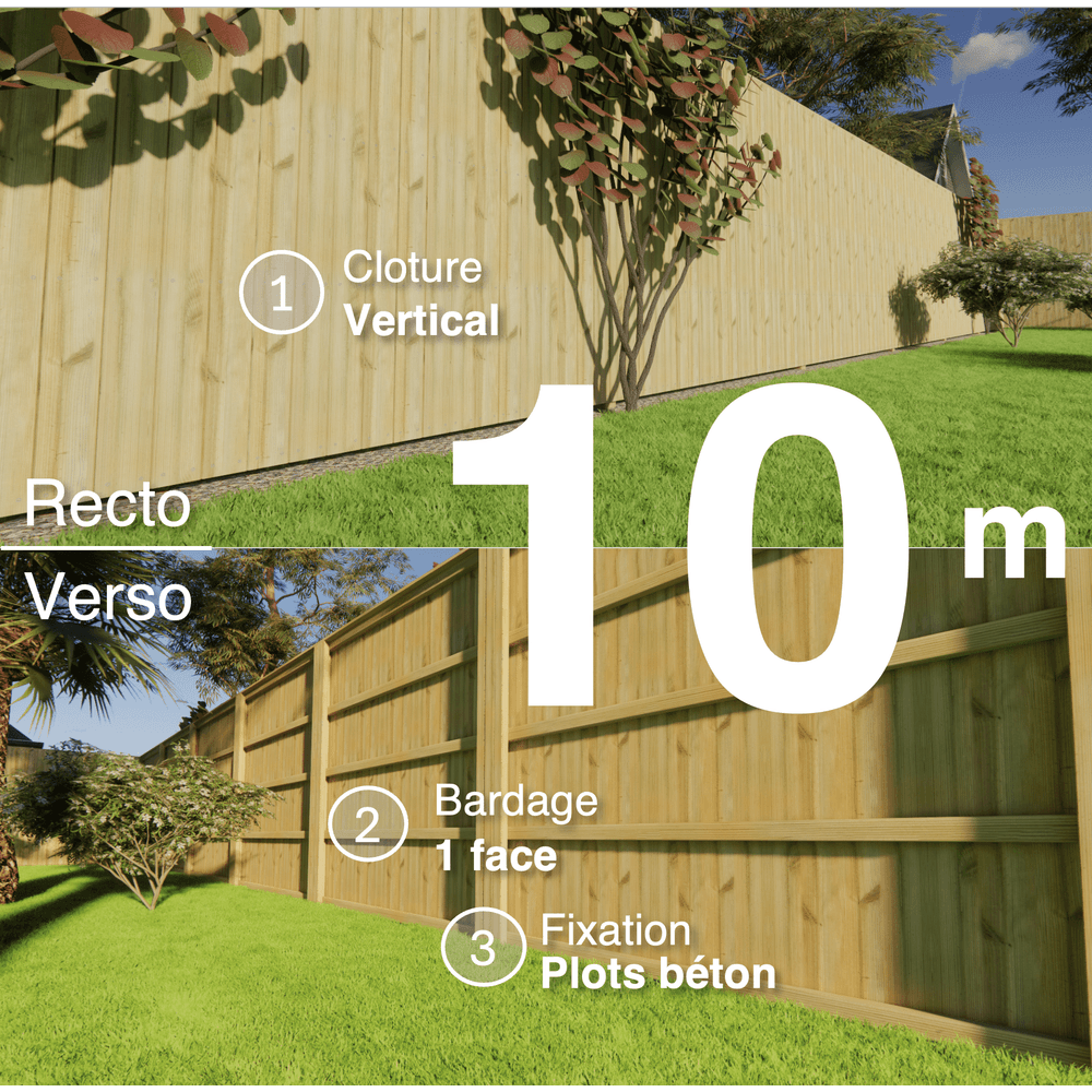 Kit clôture bois moderne 10m – h 2,3m – 21 x 130 mm autoclave vert – pose vertical – simple face – à sceller