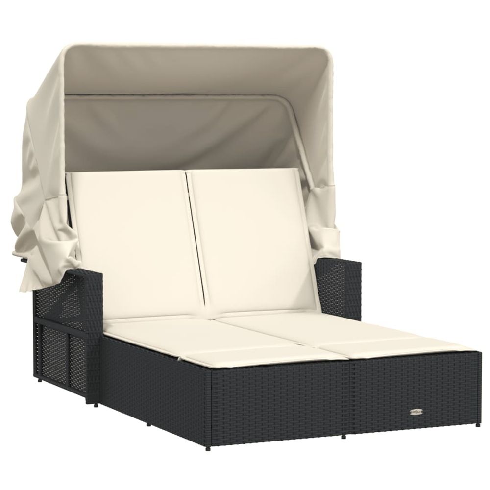 Chaise longue double et auvent et coussins noir résine tressée bain de soleil