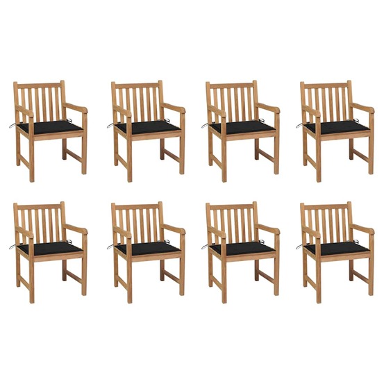 Chaises de jardin lot de 8 avec coussins noir bois teck massif