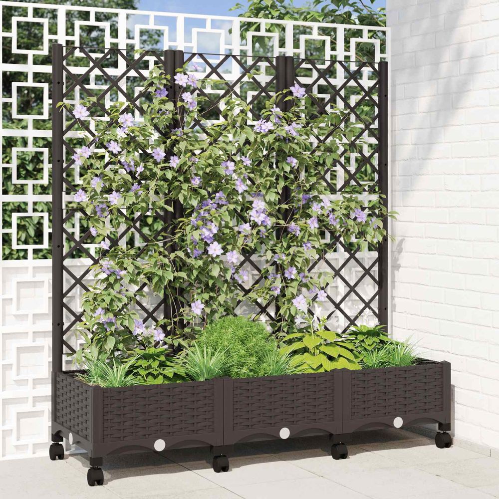 Jardinière rectangulaire treillis roulettes extérieur terrasse 120x131cm marron