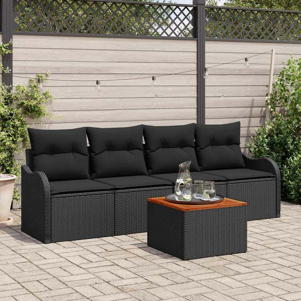 Ensemble de canapé de jardin avec coussin 5 pcs noir polyrotin