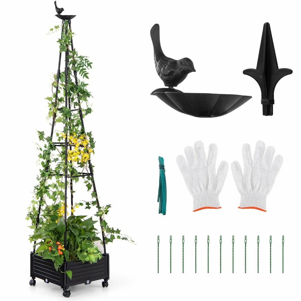 Jardinière surélevée à roulettes avec treillis lit de jardin avec auto-drainage oiseaux et flèches décoratives cage à tomates