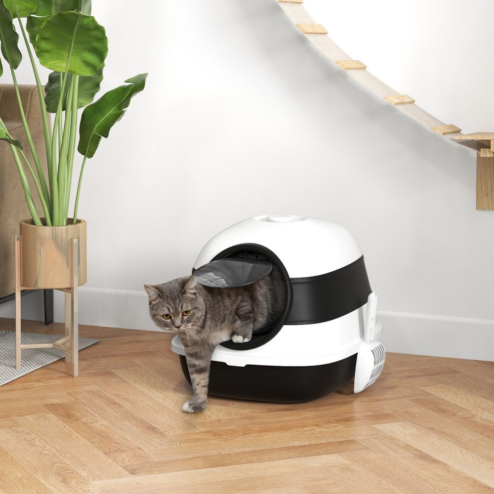Bac à litière pour chat pliable porte battante lucarne + pelle fournis noir blanc
