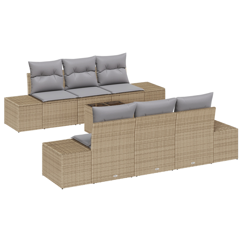 Ensemble de canapé de jardin 7 pièces avec coussins beige en poly rattan