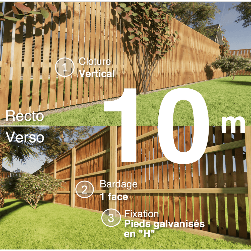 Kit clôture bois moderne 10m – h 2,3m – 20 x 70 mm autoclave marron – pose vertical – simple face – support galva