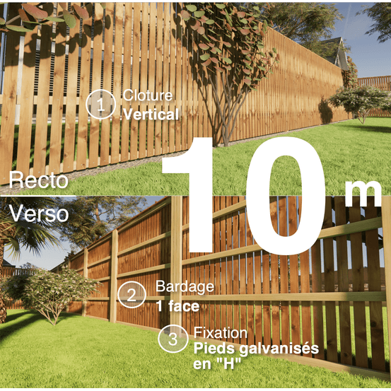Kit clôture bois moderne 10m – h 2,3m – 20 x 70 mm autoclave marron – pose vertical – simple face – support galva