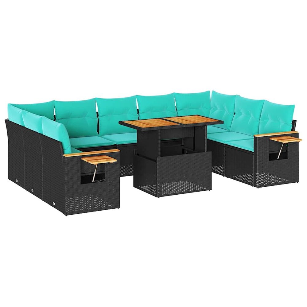 Salon de jardin 10 pcs avec coussins noir résine tressée acacia