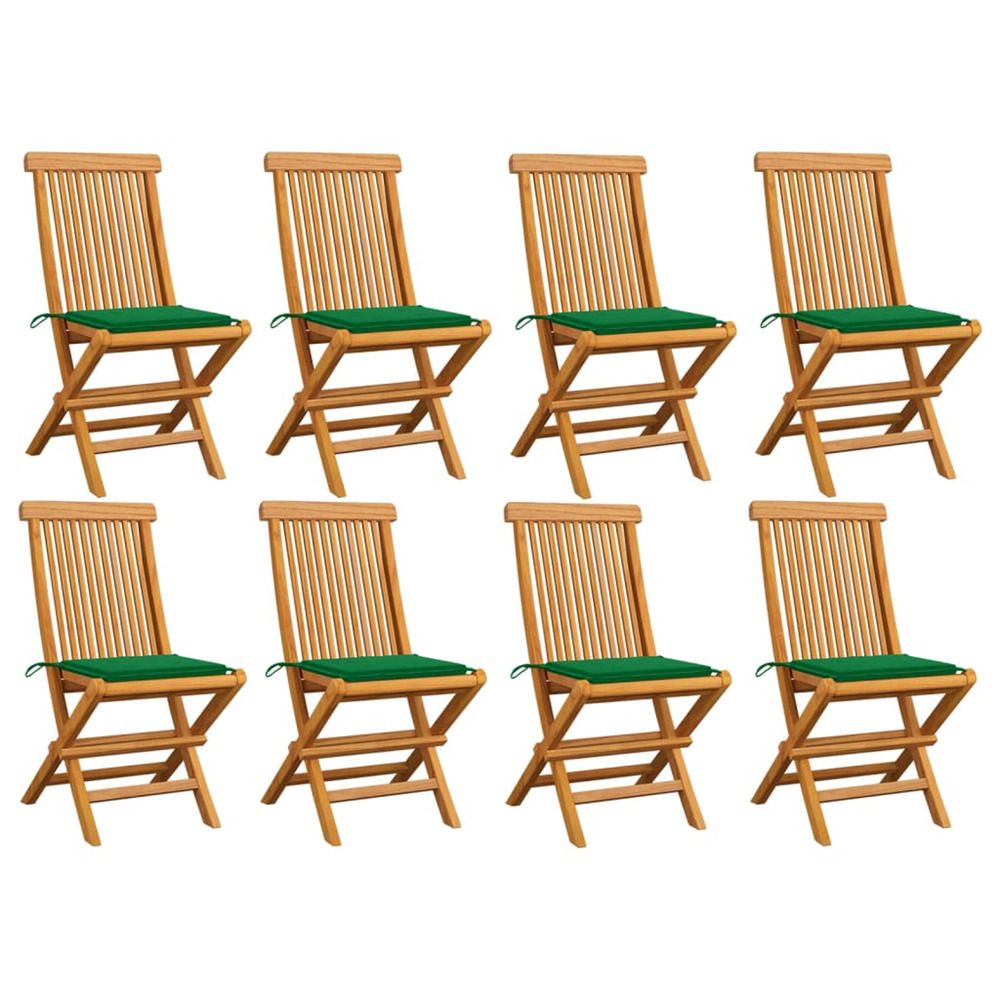 Chaises pliantes avec coussins verts, 8 pièces, en bois de teck massif